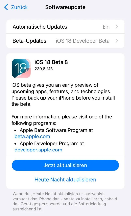 平泉苹果手机维修分享苹果 iOS / iPadOS 18 开发者预览版 Beta 8 发布 